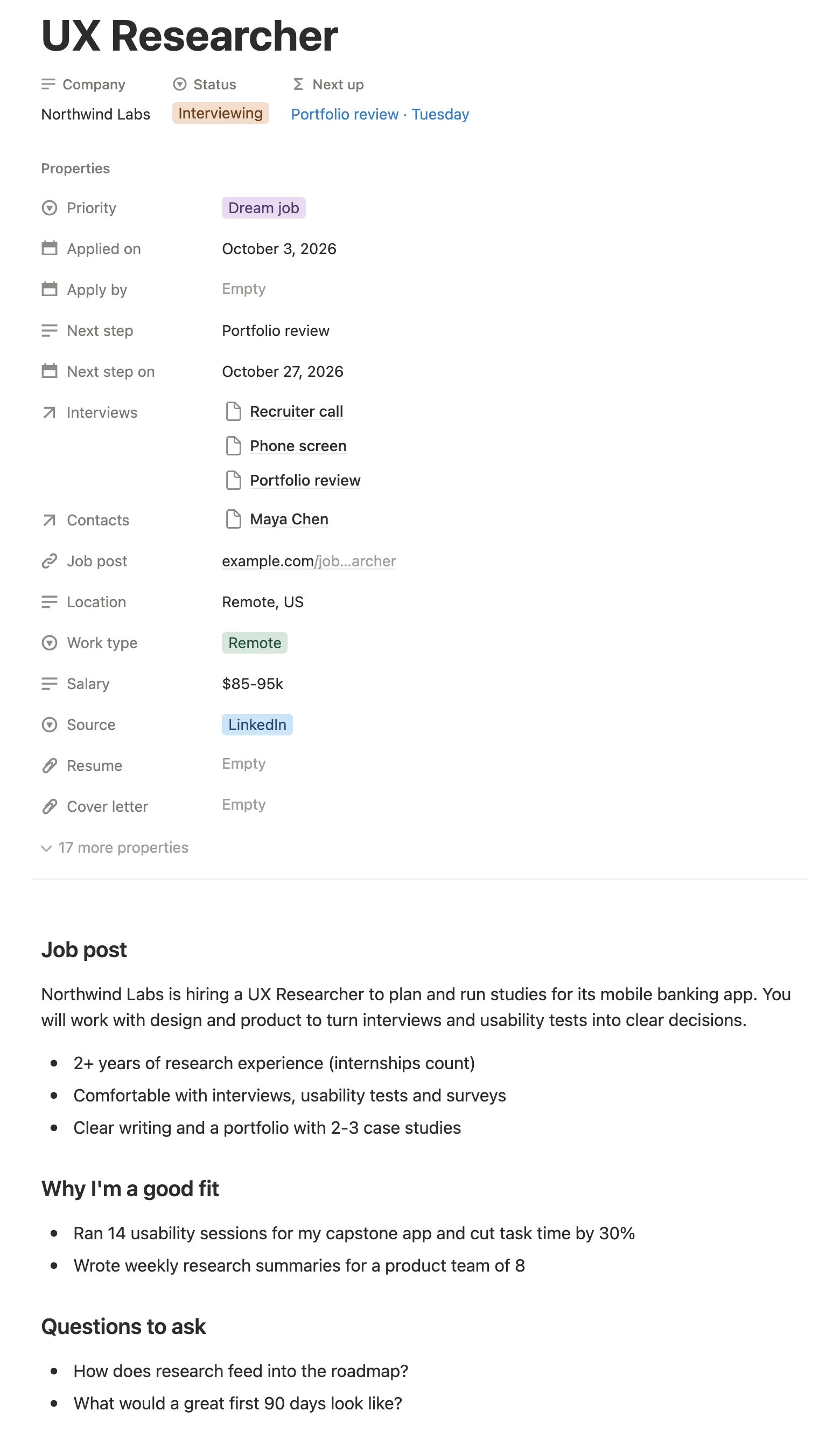 A UX Researcher application page with status, next step, interviews, contact and the job post notes