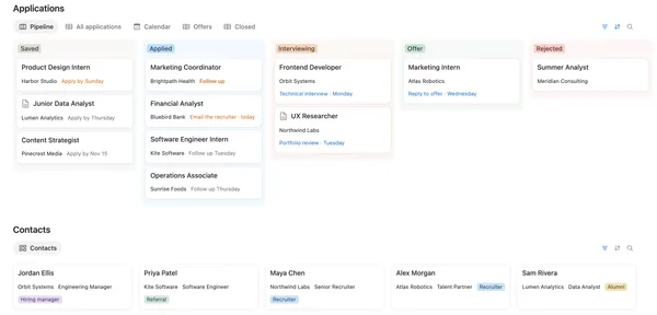 The pipeline board from Saved to Rejected and contact cards for recruiters, referrals and alumni