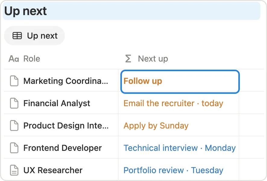 The Up next list on the main page with follow-ups and deadlines