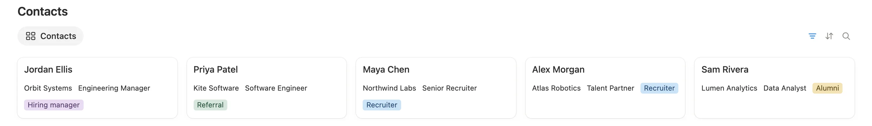 Contact cards for a hiring manager, a referral, two recruiters and an alum