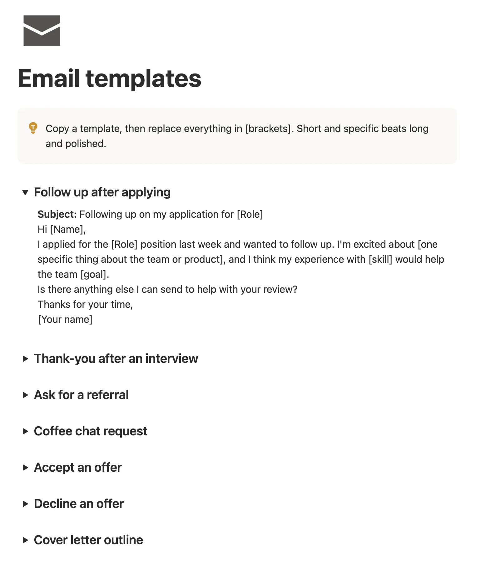 The email templates page with a follow-up email opened, ready to copy