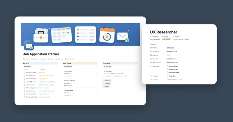 The Job Application Tracker main page with Up next, Interviews and This week, next to an application page