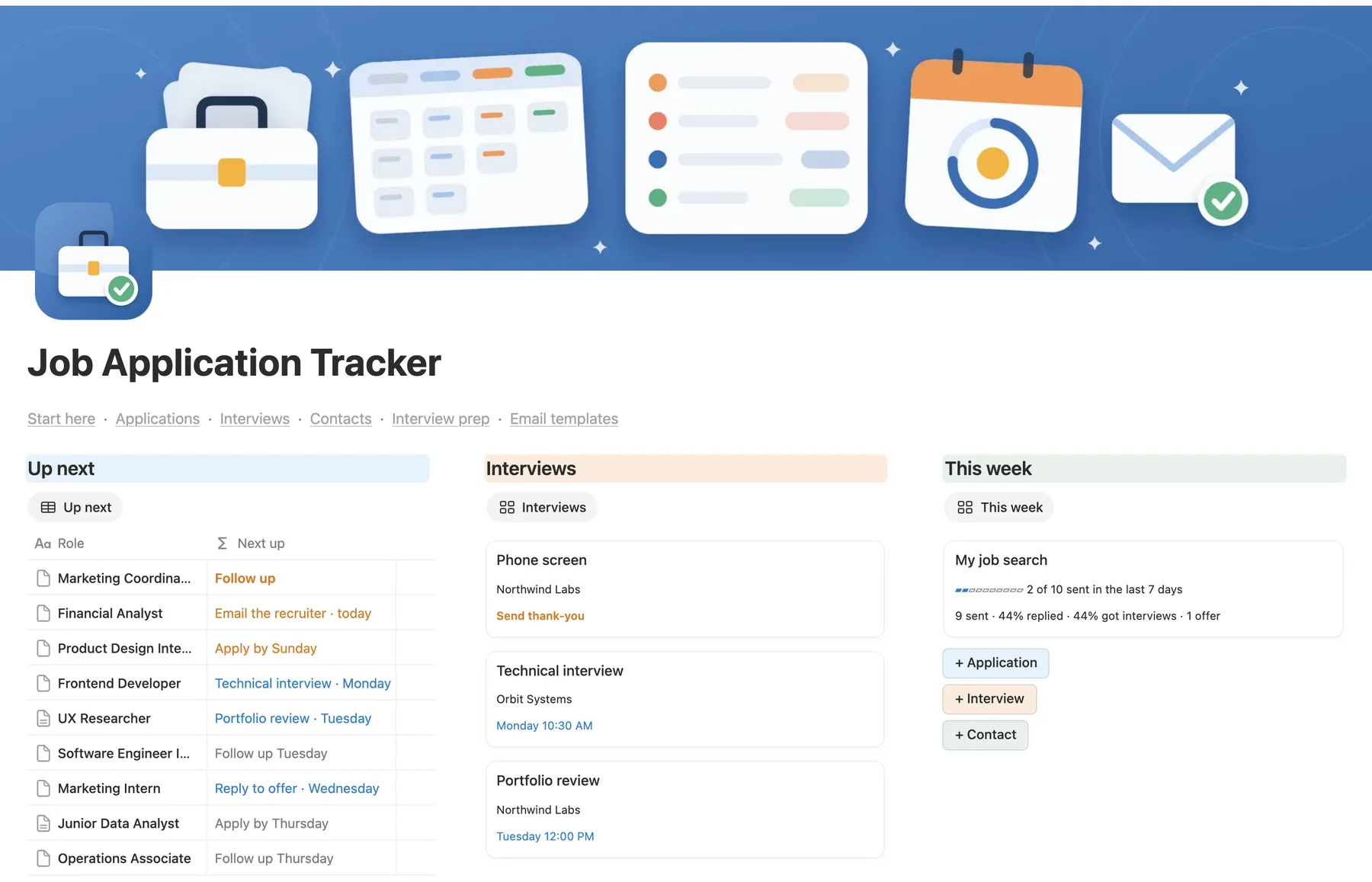 The main page of the Notion job application tracker: a blue cover, Up next, Interviews and This week