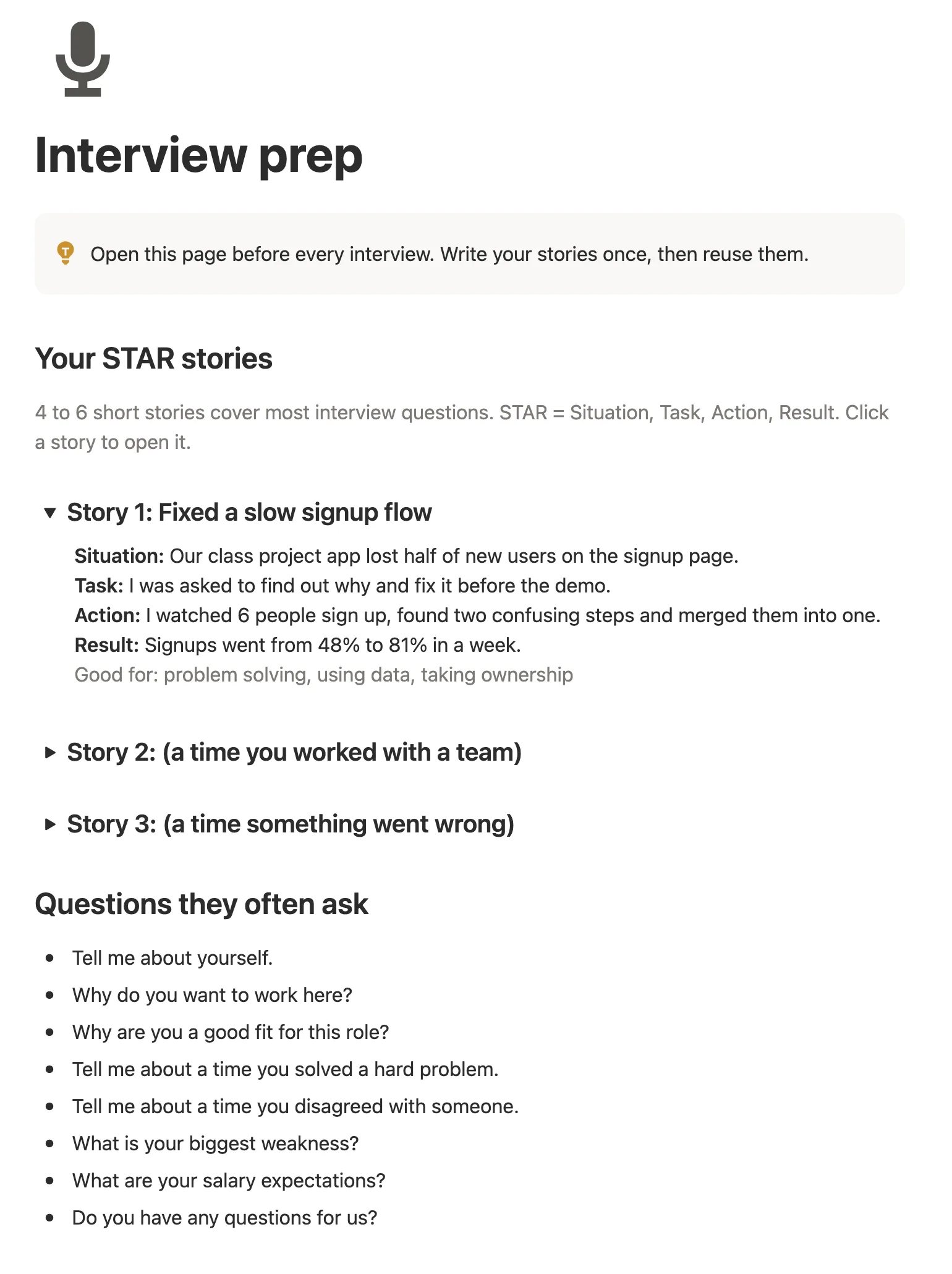 The interview prep page with a STAR story opened to Situation, Task, Action and Result