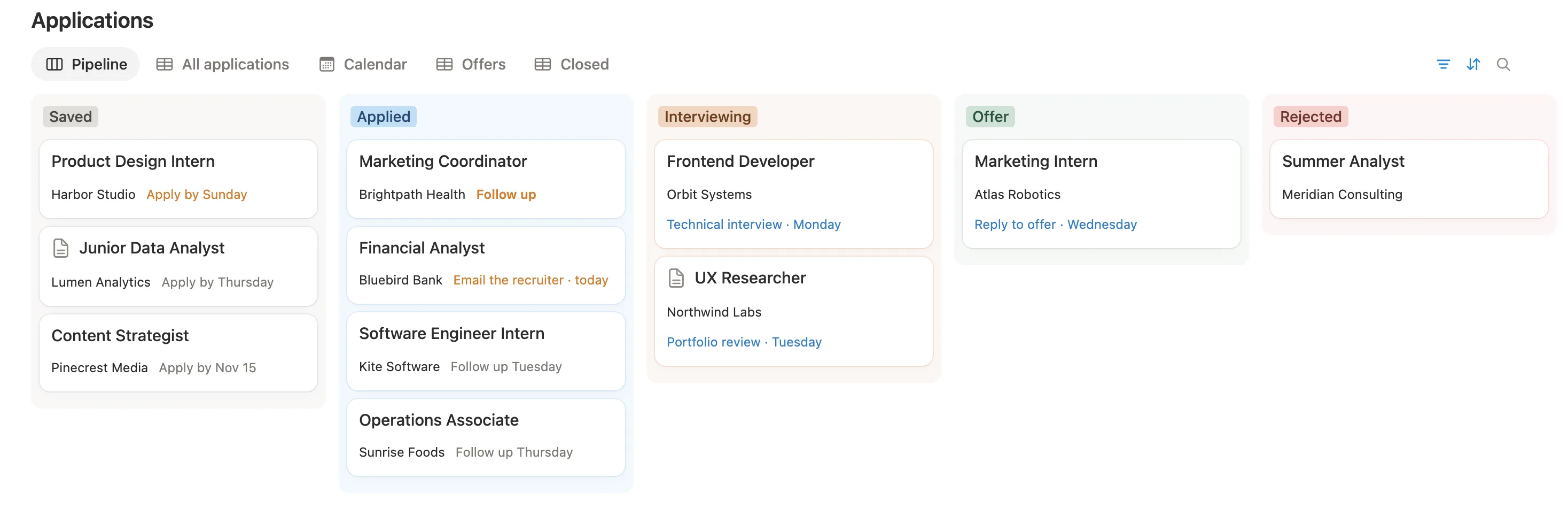 A pipeline board with job cards under Saved, Applied, Interviewing, Offer and Rejected