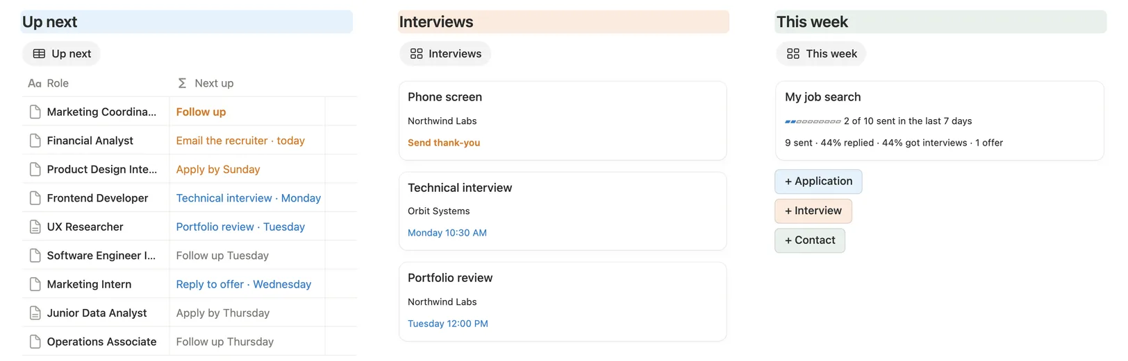 Up next with follow-ups and deadlines, the next interviews and the weekly goal on the main page