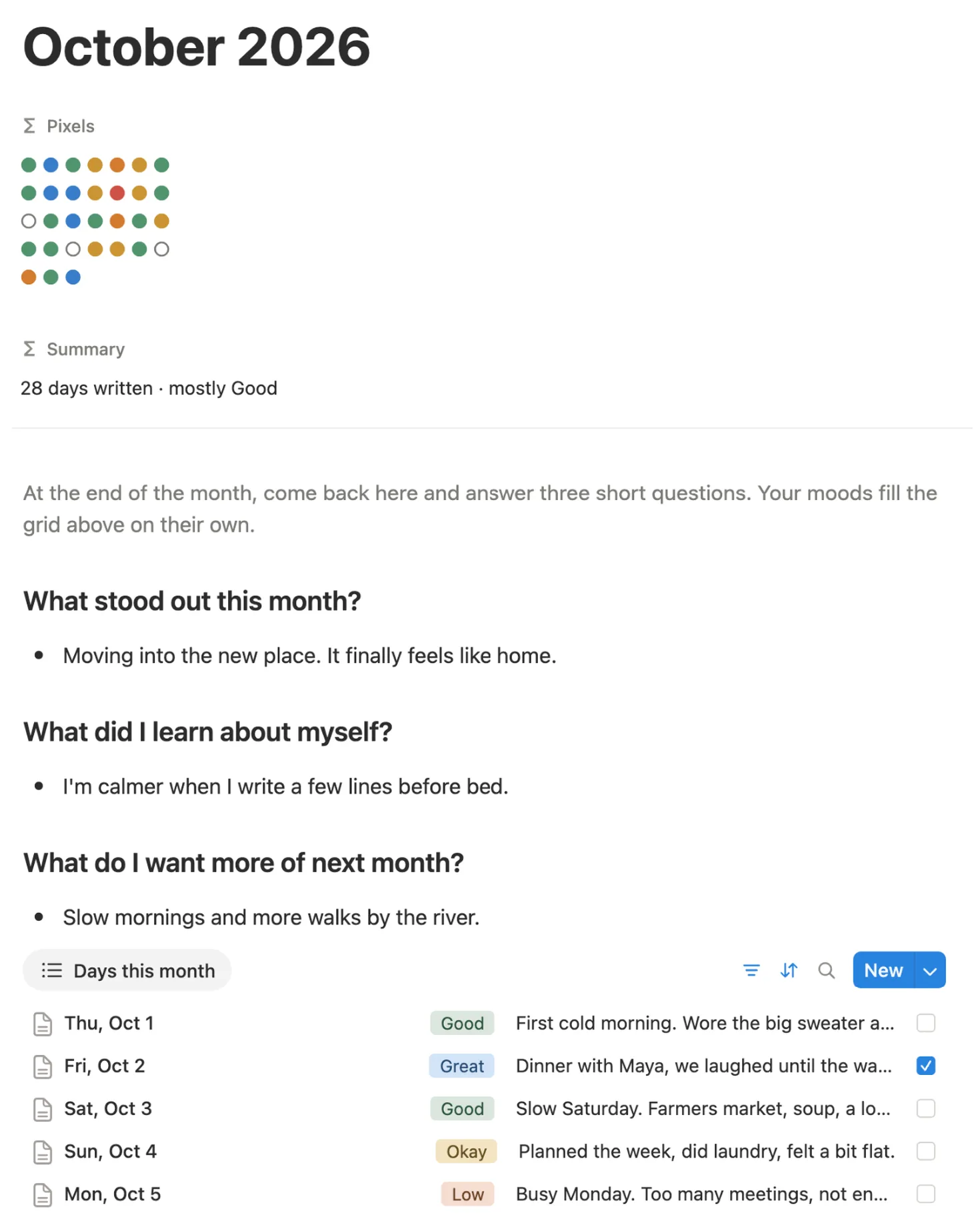 October 2026 month page with its mood grid, a summary, three month-end questions and the list of days