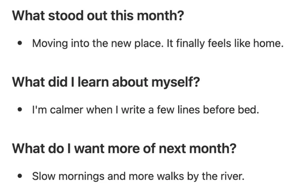 Three month-end questions with short answers, like What stood out this month