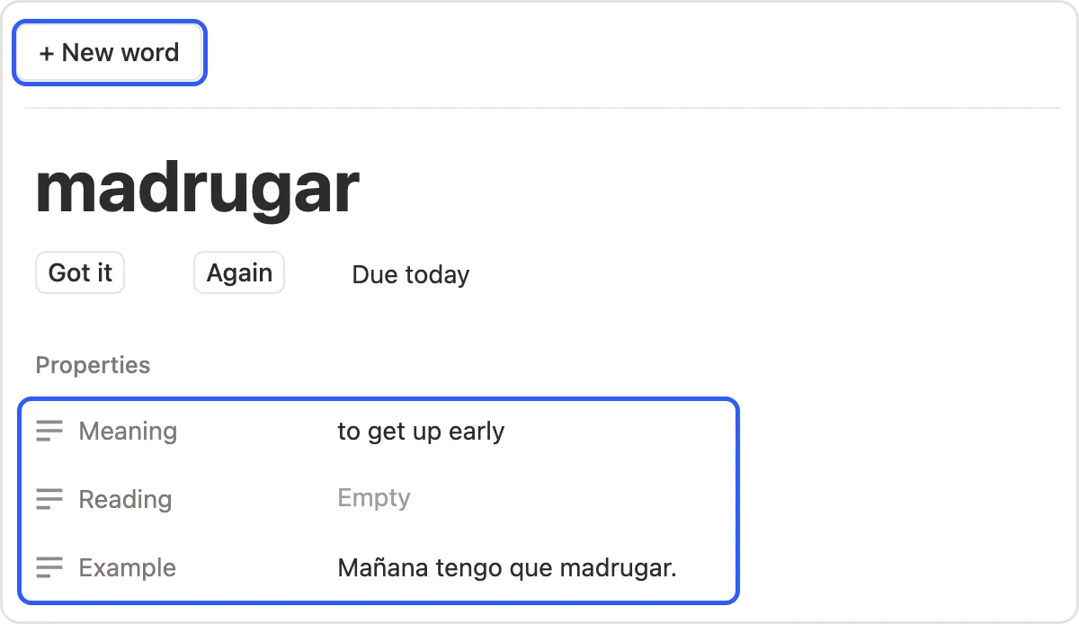The + New word button and the Meaning, Reading and Example fields marked