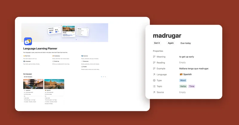 The Language Learning Planner main page next to the word page for madrugar with Got it and Again