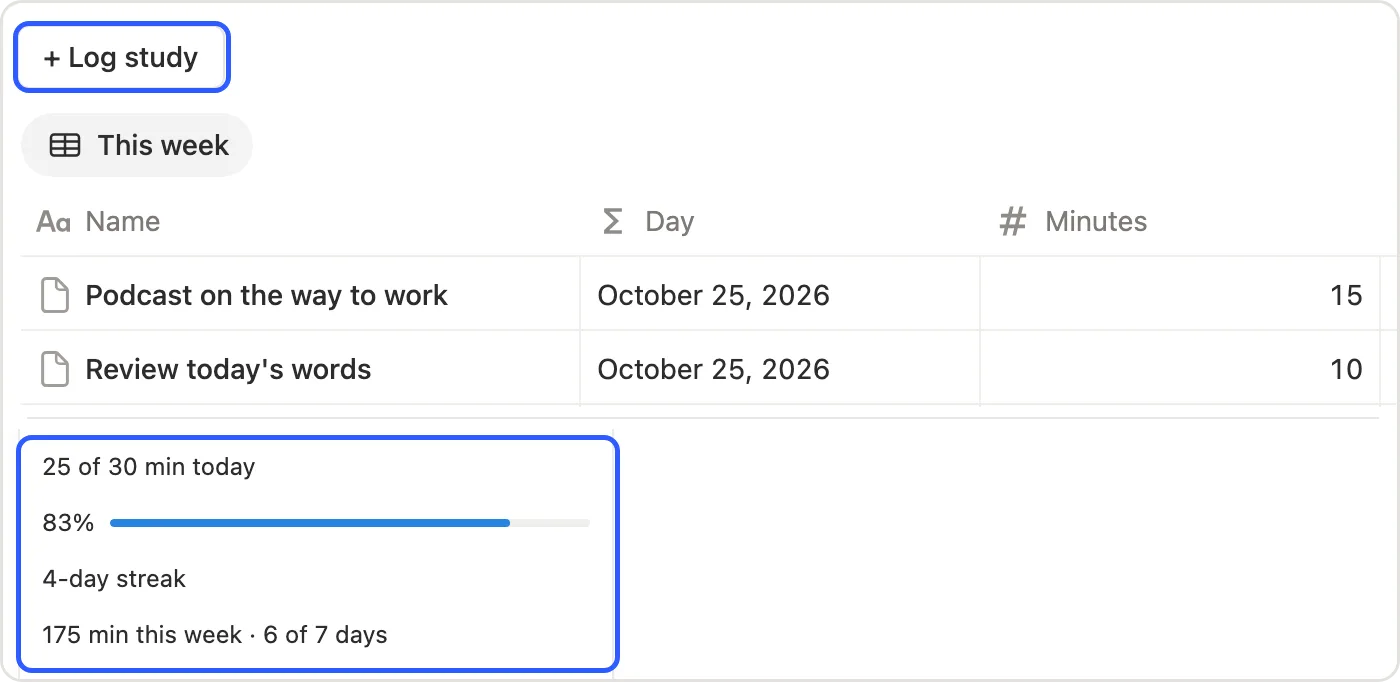 The + Log study button and the minutes and streak on the language card marked