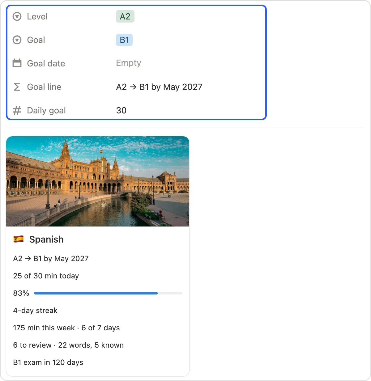 Level, Goal, Goal date and Daily goal marked on a language page above its card