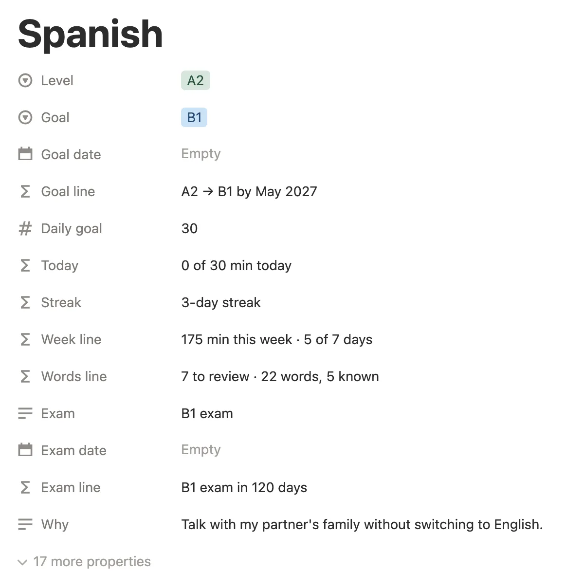 The Spanish page with level A2, goal B1, a daily goal of 30 minutes and its card lines