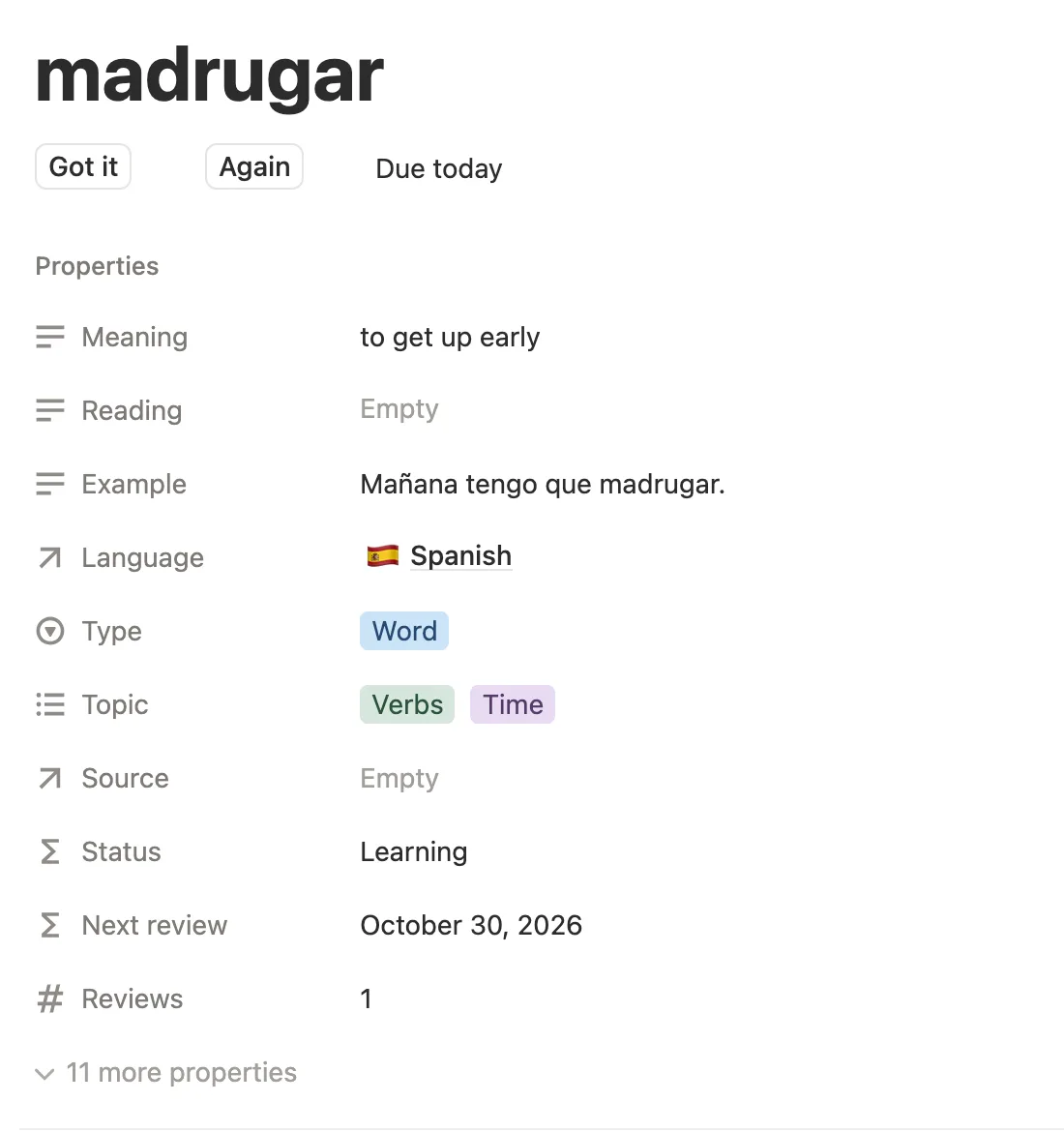 The word page for madrugar with Got it, Again, Due today and its meaning and example