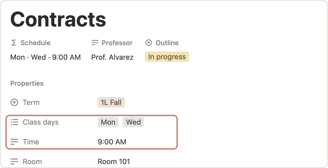 The Contracts course page with Class days and Time marked