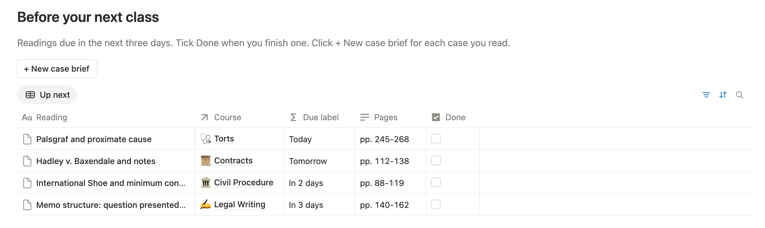 Four readings due from today to in 3 days, such as Palsgraf and proximate cause, with pages