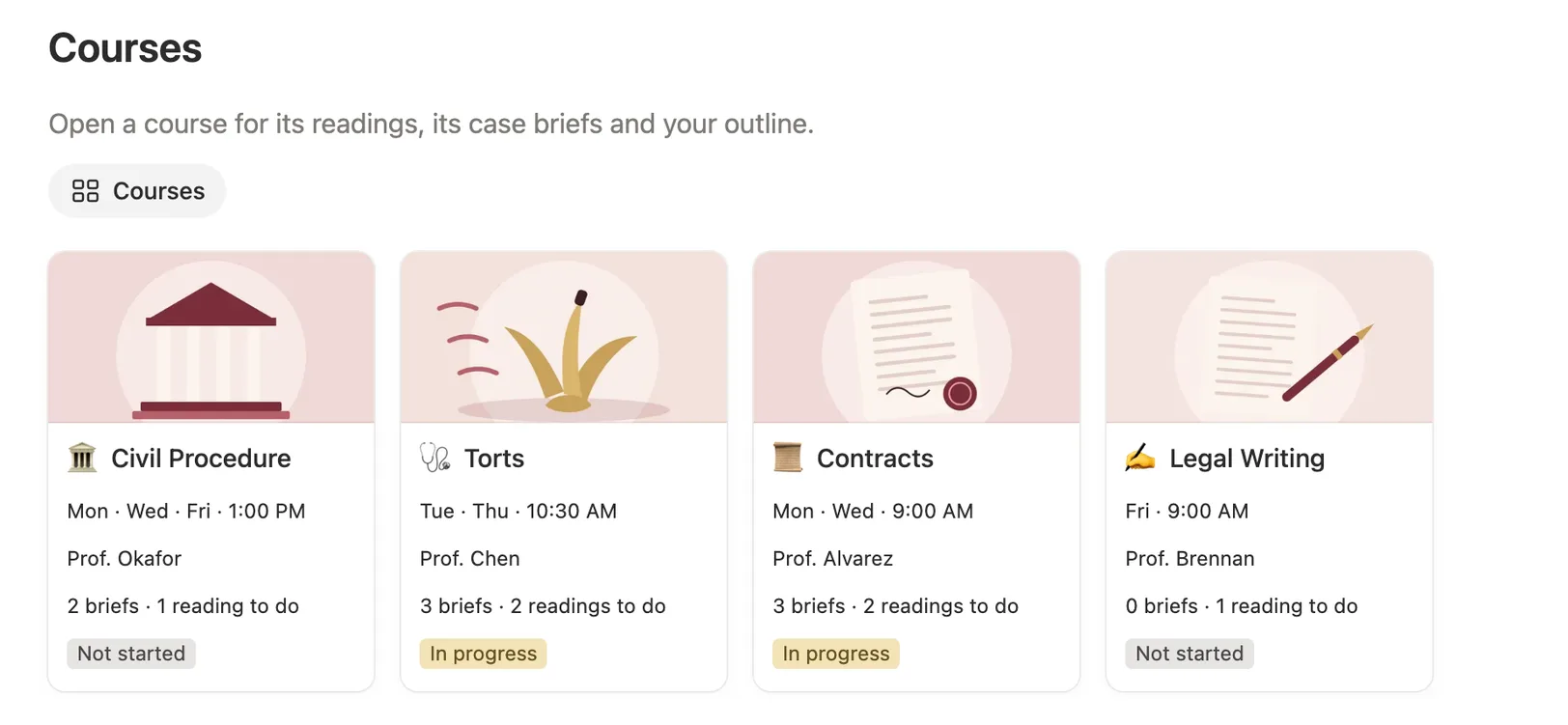 Four 1L course cards with class times, professors, briefs and readings to do