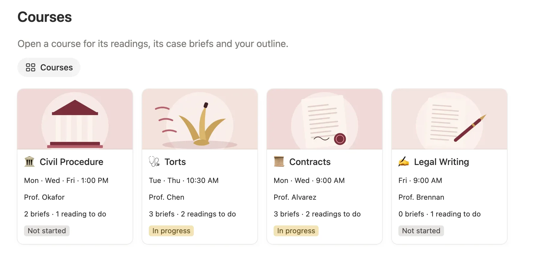 Course cards with class days, professor, briefs, readings to do and outline status