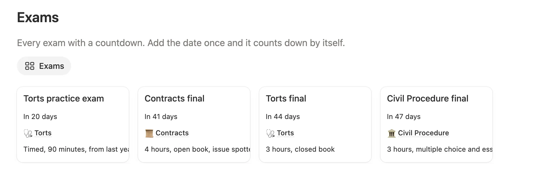 Four exam cards from a Torts practice exam in 20 days to the Civil Procedure final in 47 days