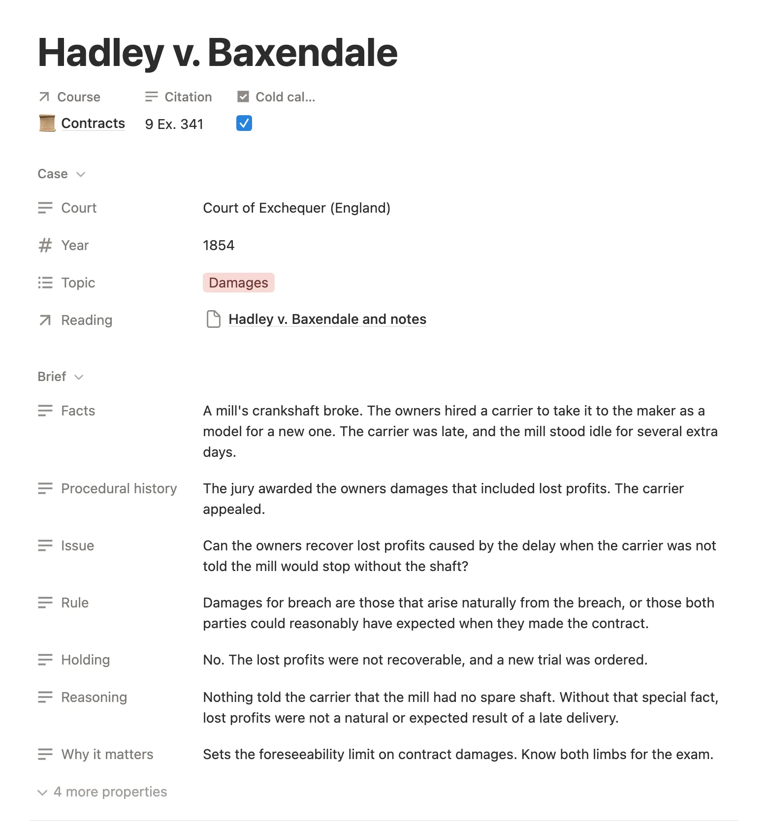 A case brief for Hadley v. Baxendale with court, year, facts, issue, rule, holding and reasoning