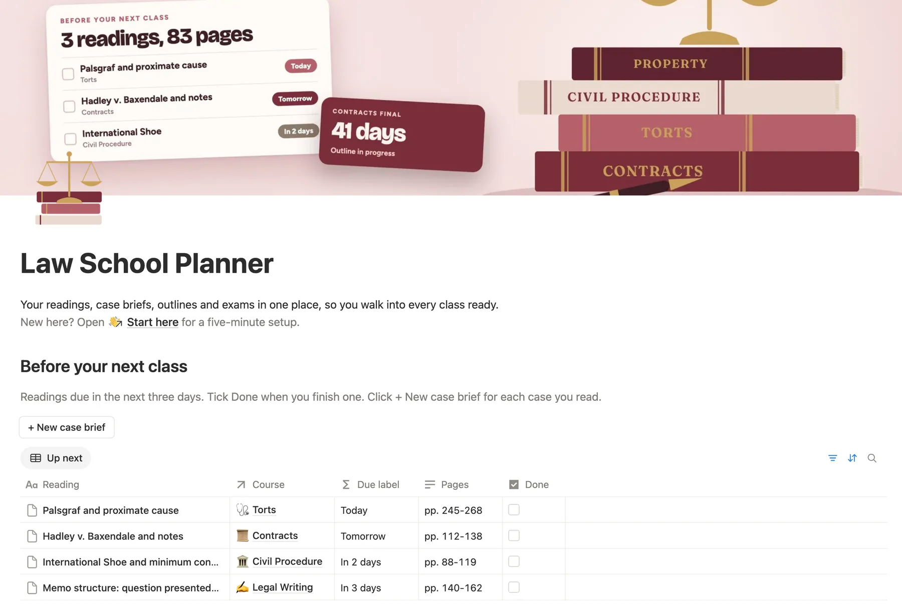 The main page of the Notion law school planner with readings due before your next class