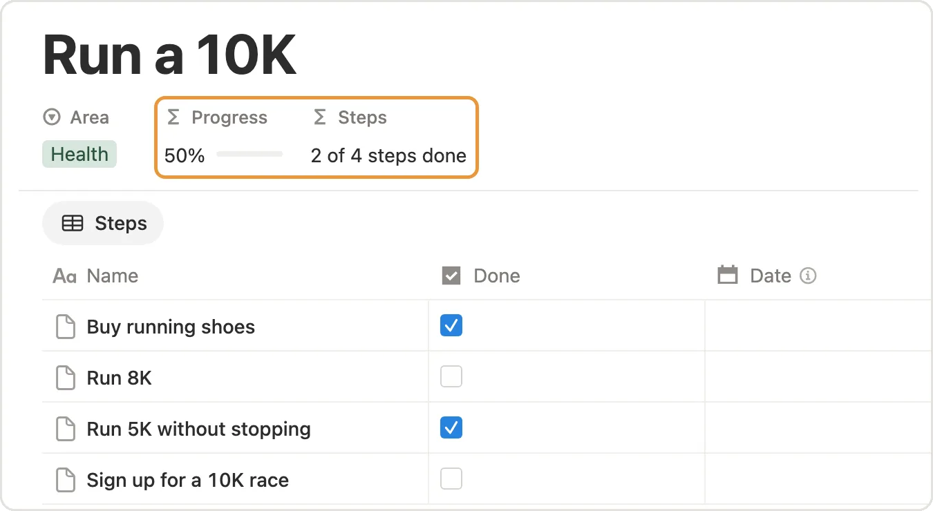 The Run a 10K goal page with Progress and Steps marked above its list of steps