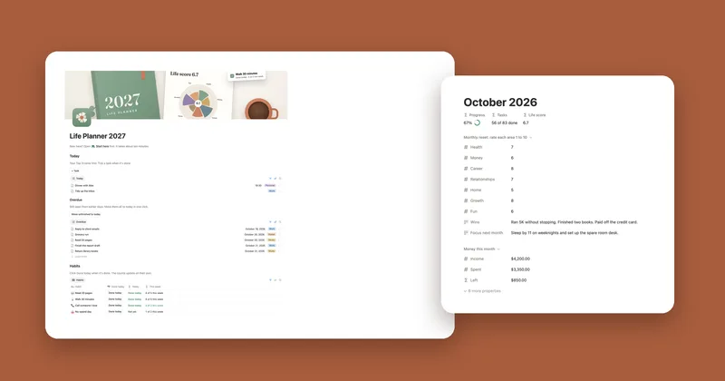 The Life Planner 2027 home page next to an October monthly reset with seven area ratings and a life score