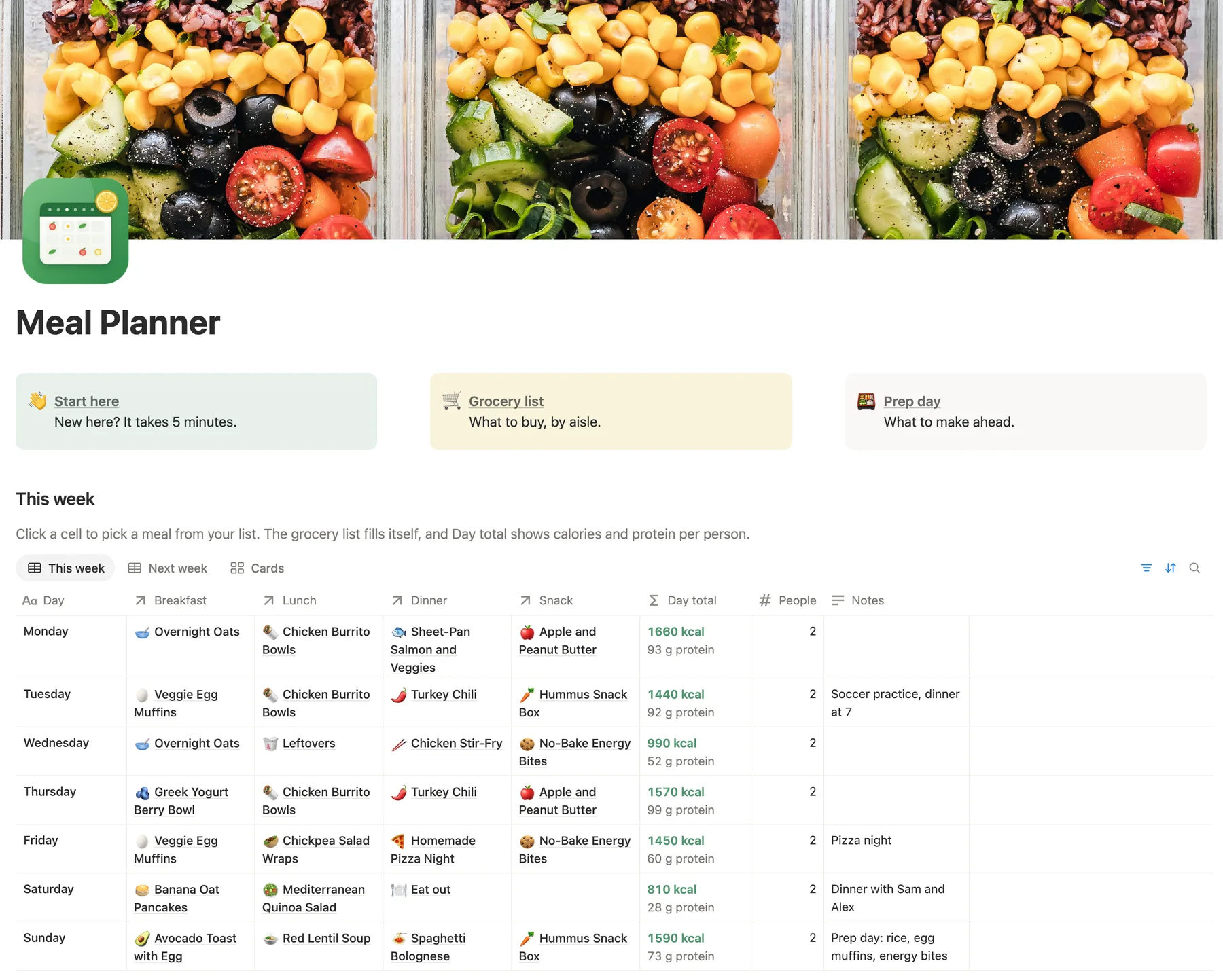 The main page of the Notion meal planner template: a fresh food cover, links to Start here, Grocery list and Prep day, and This week, Monday to Sunday