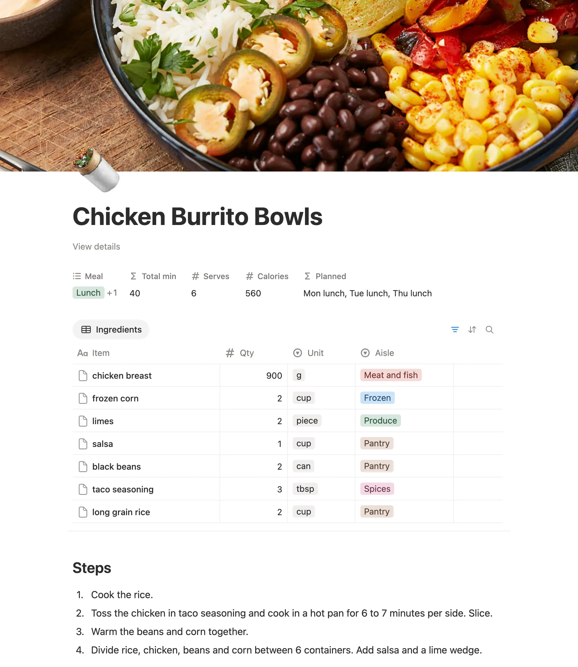 Chicken Burrito Bowls page: Serves 6, 560 calories, planned for Monday, Tuesday and Thursday lunch, with its ingredients and steps