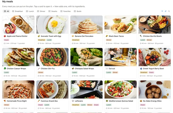 My meals with real food photos, and the time, calories and protein on each card