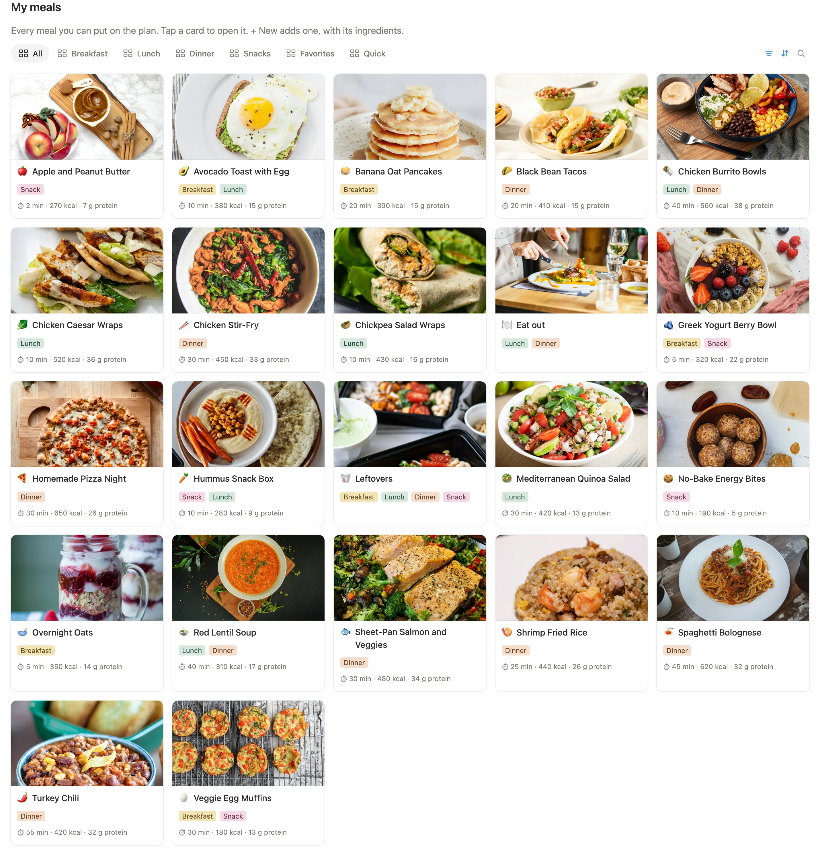 Starter meal cards with food photos, meal tags, and the time, calories and protein of each, under tabs like Snacks and Quick