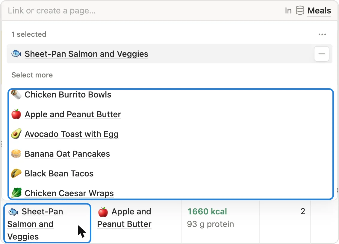A meal picker open on a This week cell, listing meals like Chicken Burrito Bowls and Banana Oat Pancakes