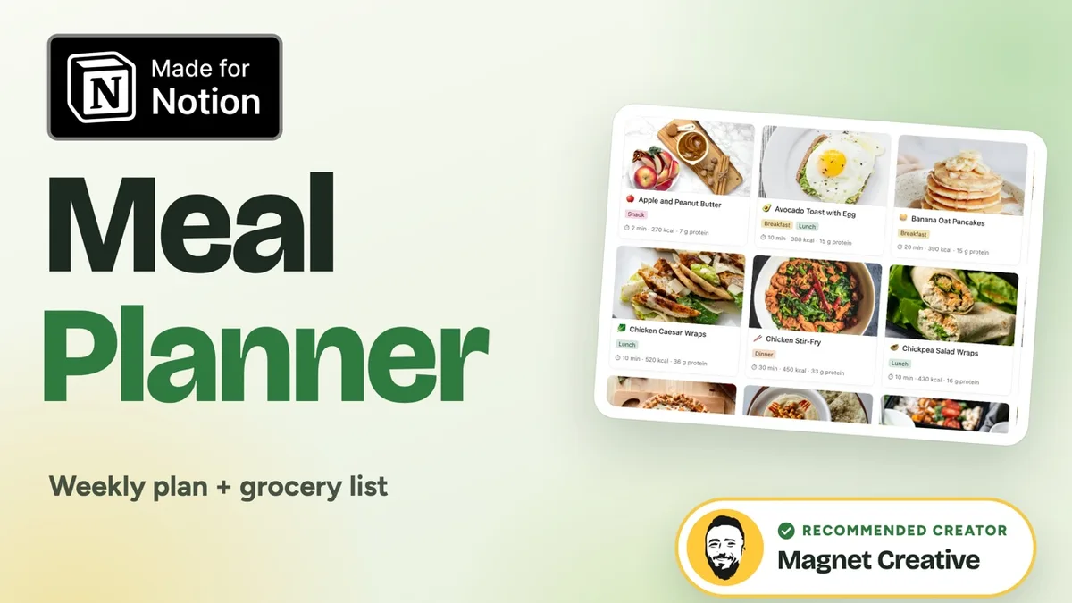 Cover of the 47 second video tour of the Weekly Meal Planner for Notion