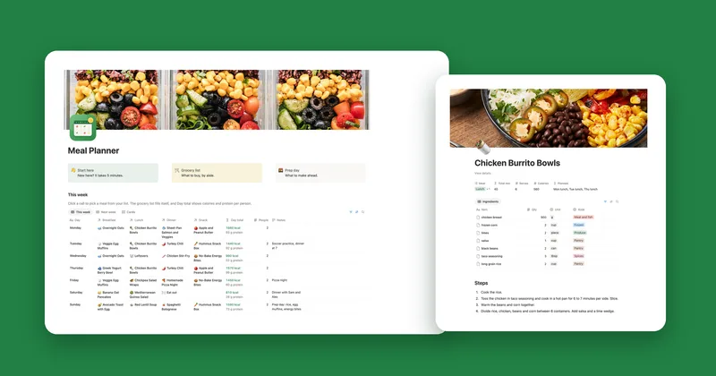 The Meal Planner main page with This week, next to the Chicken Burrito Bowls page and its ingredients
