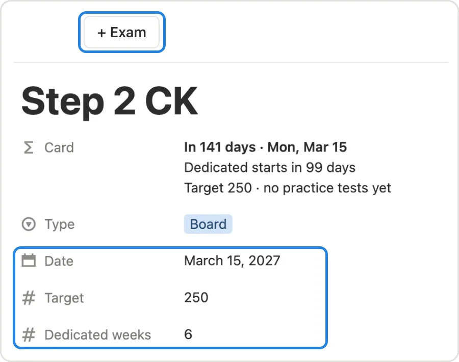 The + Exam button and a new exam page with its Date, Target and Dedicated weeks marked