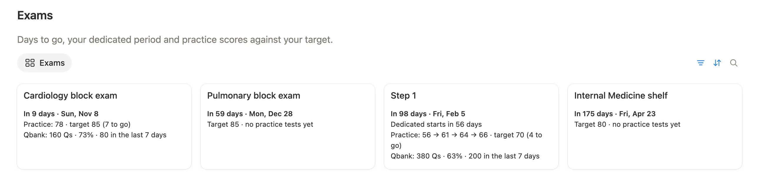 Four exam cards, from a cardiology block exam in 9 days to Step 1 with practice scores 56 to 66