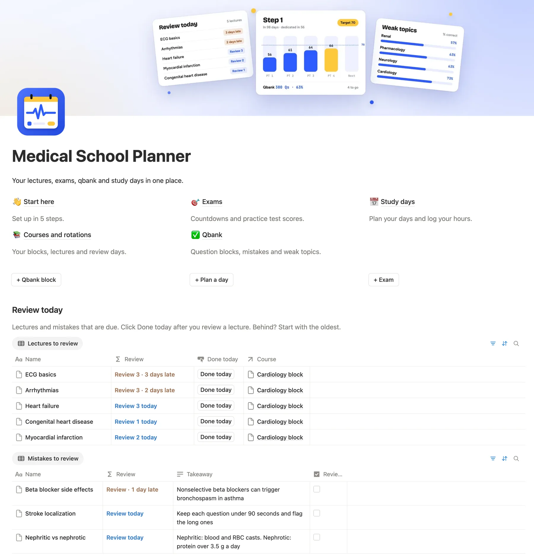 The home page of the Notion medical school planner with Review today and its Done today buttons