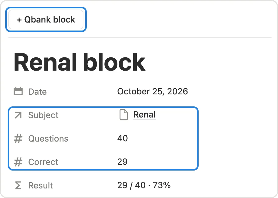 The + Qbank block button and a block page with Subject, Questions and Correct marked