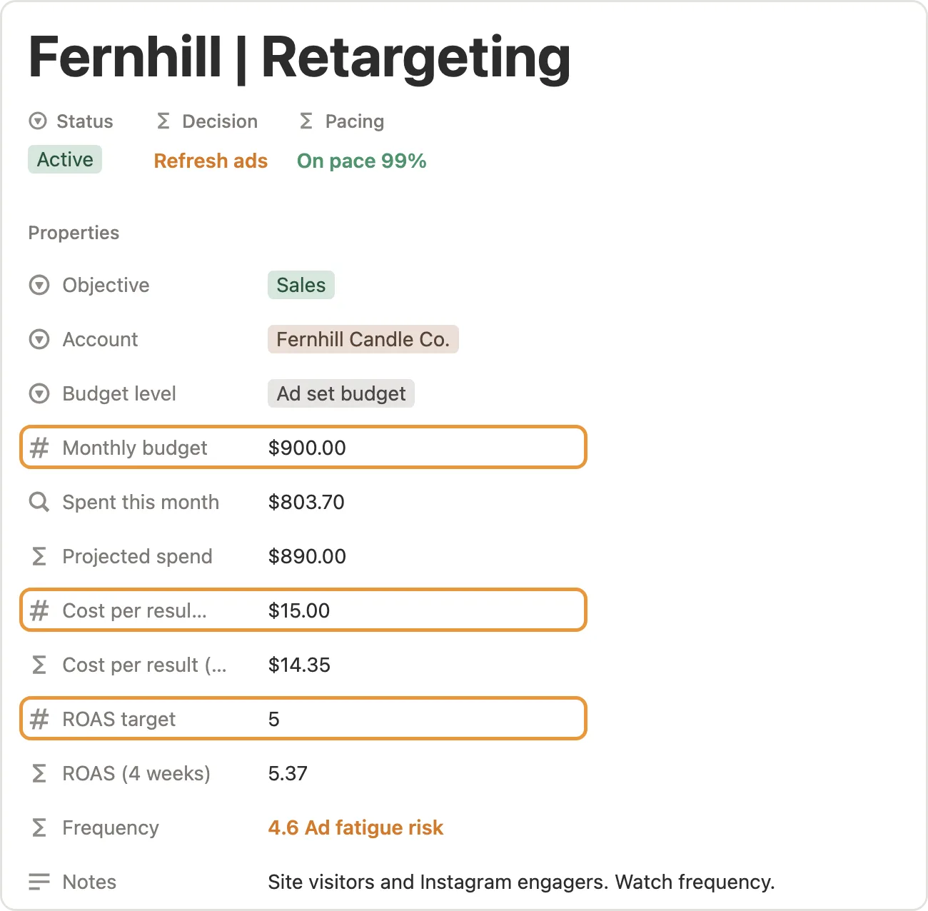 Monthly budget, Cost per result target and ROAS target marked on a campaign page