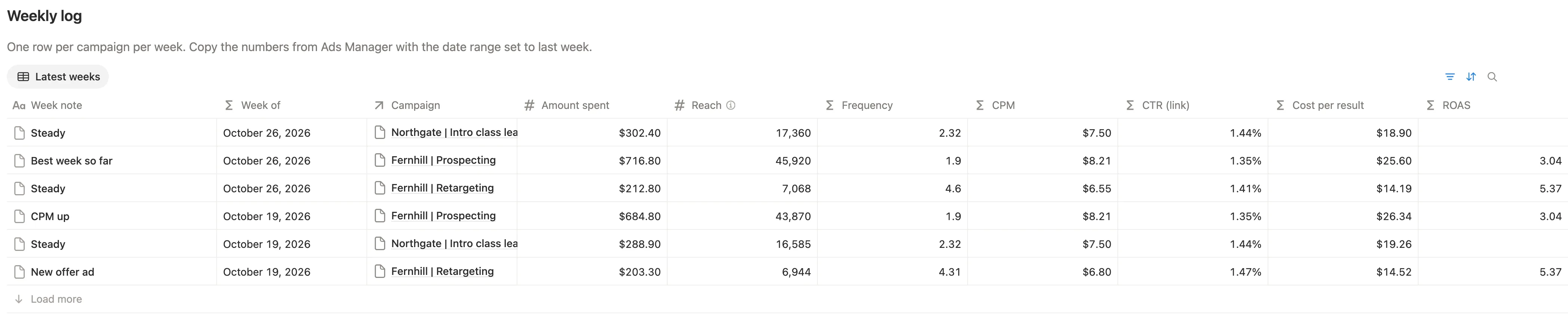 The weekly log with amount spent, reach, frequency, CPM, CTR, cost per result and ROAS for each campaign and week