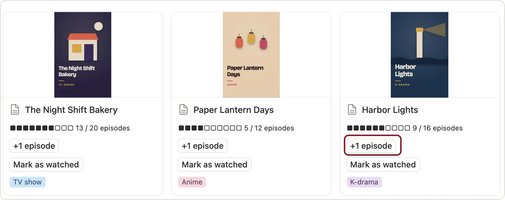 The +1 episode button marked on a show in Now watching