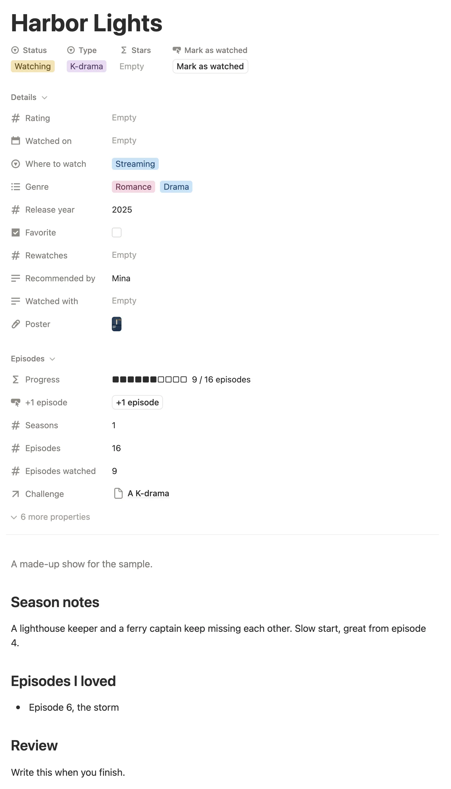 The Harbor Lights series page with its progress bar, +1 episode and season notes