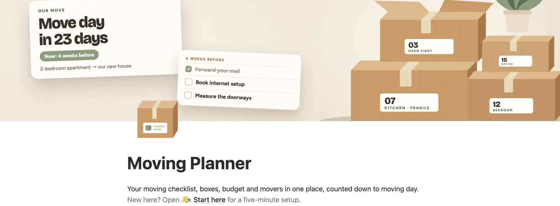 The top of the Notion moving planner with numbered moving boxes as its cover