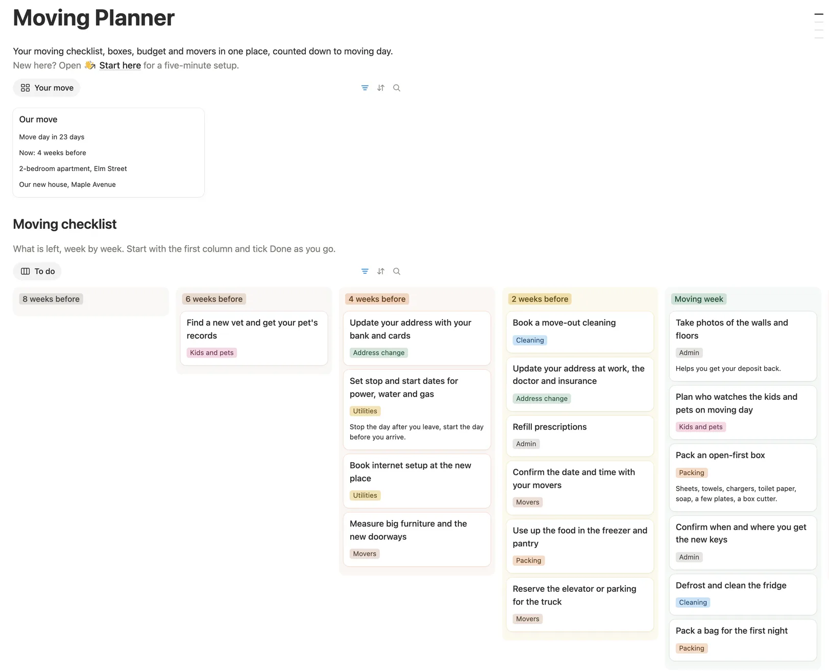The main page with the Our move card and the checklist board from 8 weeks before to moving week