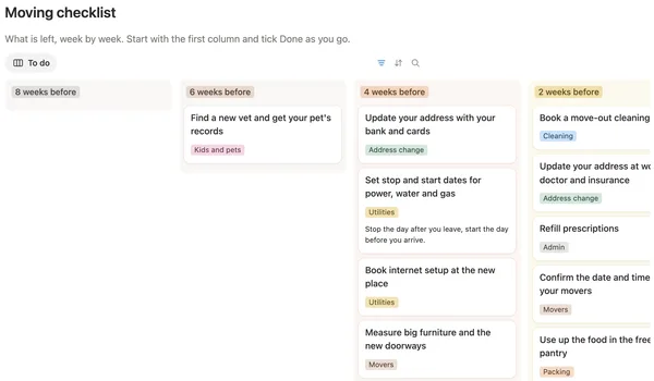The moving checklist board with tasks under 6, 4 and 2 weeks before