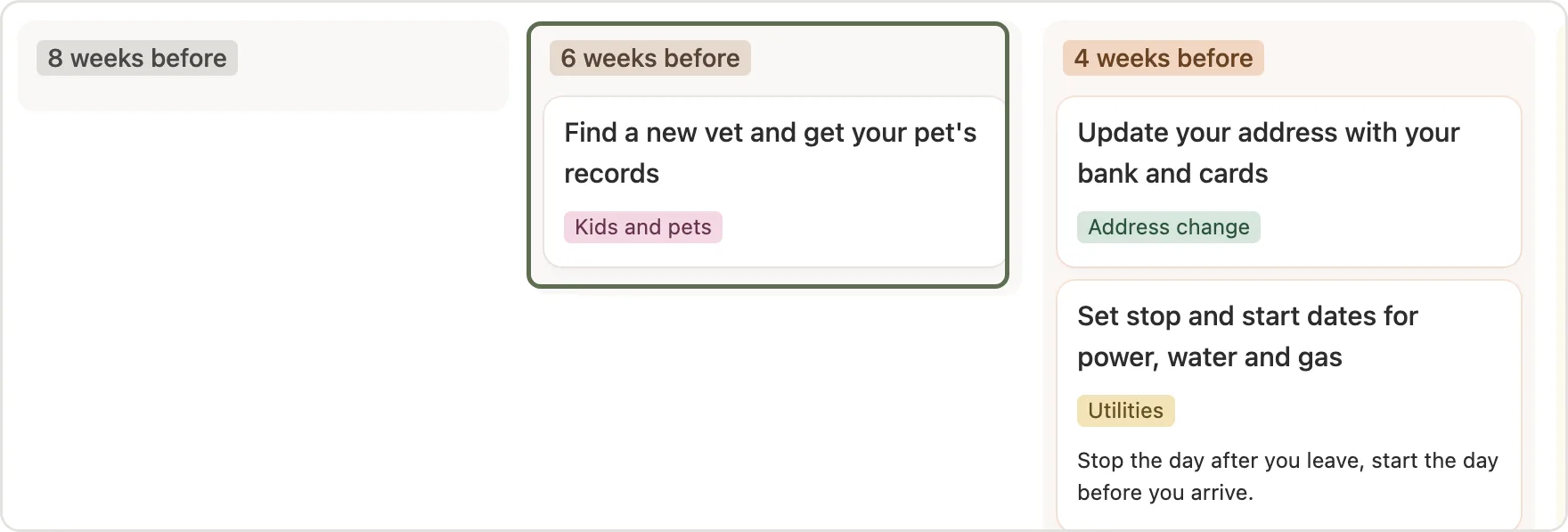 A task card marked in the 6 weeks before column
