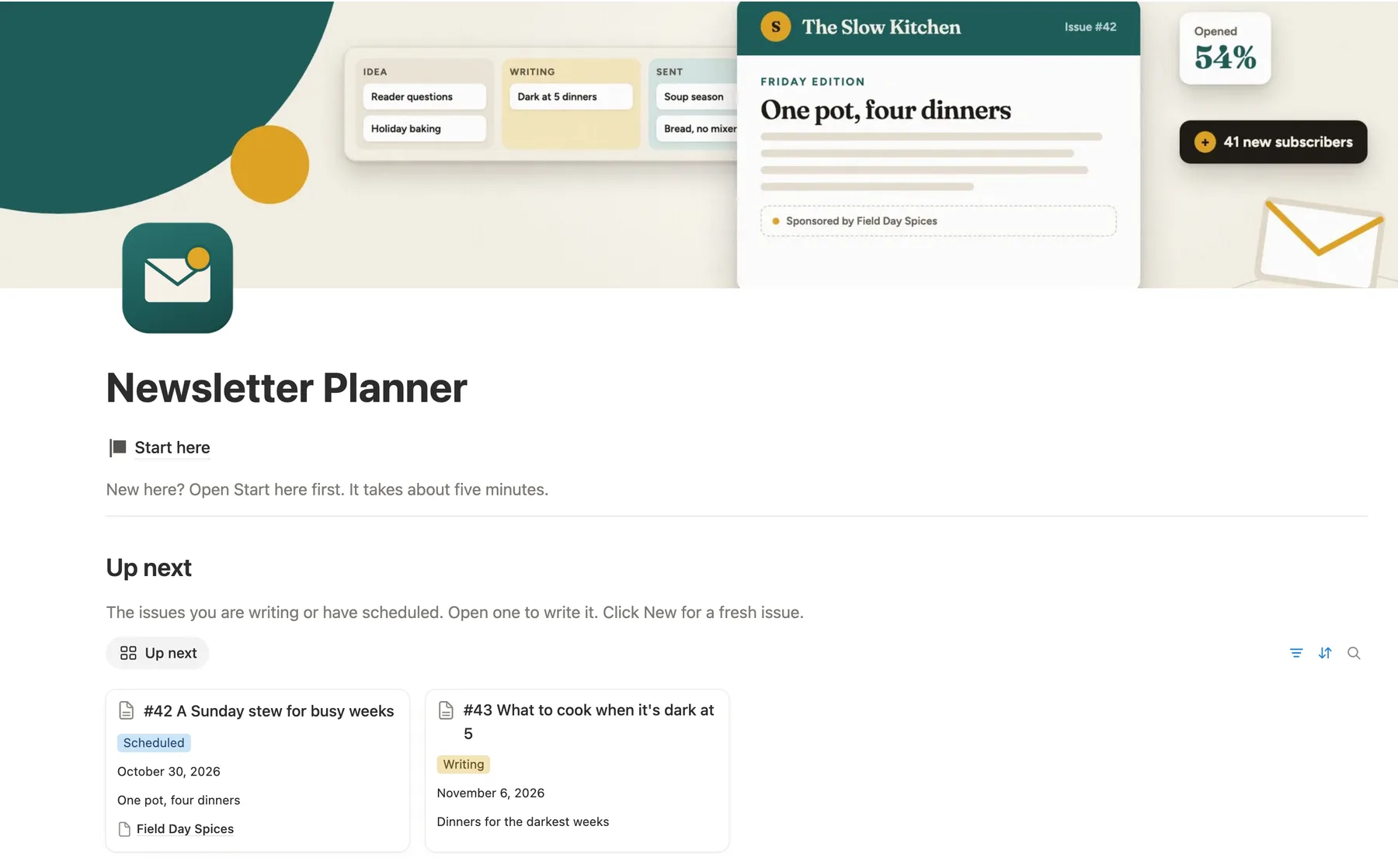 Top of the Notion newsletter template: an issue card, 54% opened and 41 new subscribers on its cover, then Up next with two issues