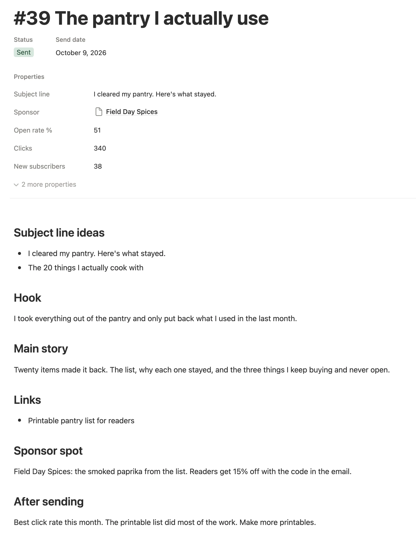 A sent issue with its subject line, sponsor, open rate, clicks and new subscribers, then its sections from Subject line ideas to After sending