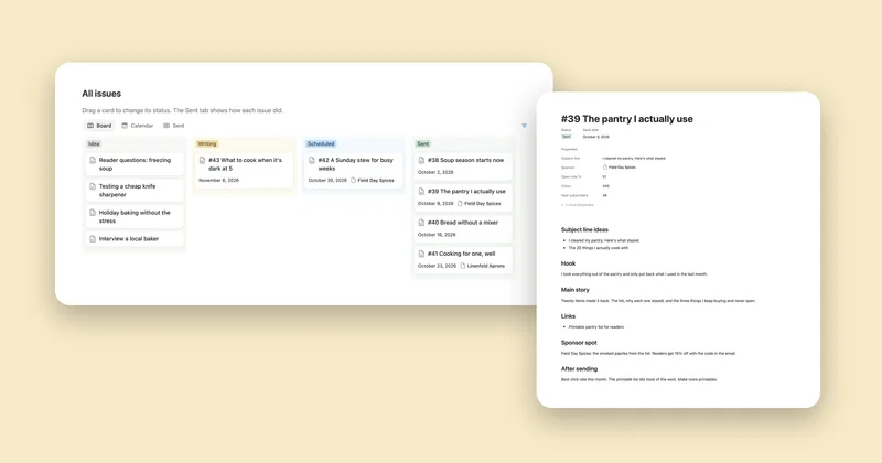 All issues as a board from Idea to Sent in the Newsletter Planner, next to a sent issue with its results and sections
