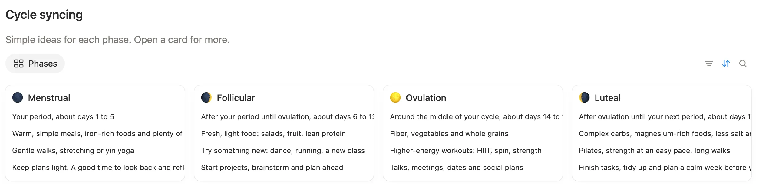 Four cycle syncing cards for the Menstrual, Follicular, Ovulation and Luteal phases